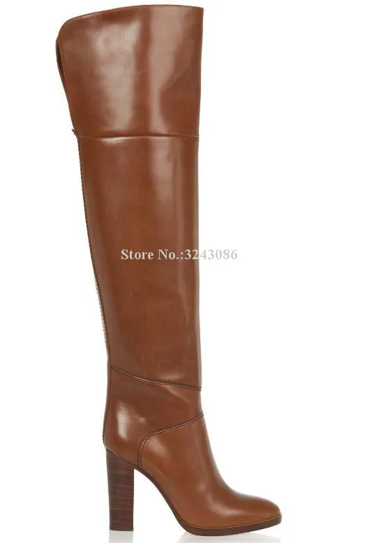 New Brown Leather Chunky Heel Women Long Boots Brand Design Large Size Over the Knee Boots Celebrity Banquet Shoes Dropship