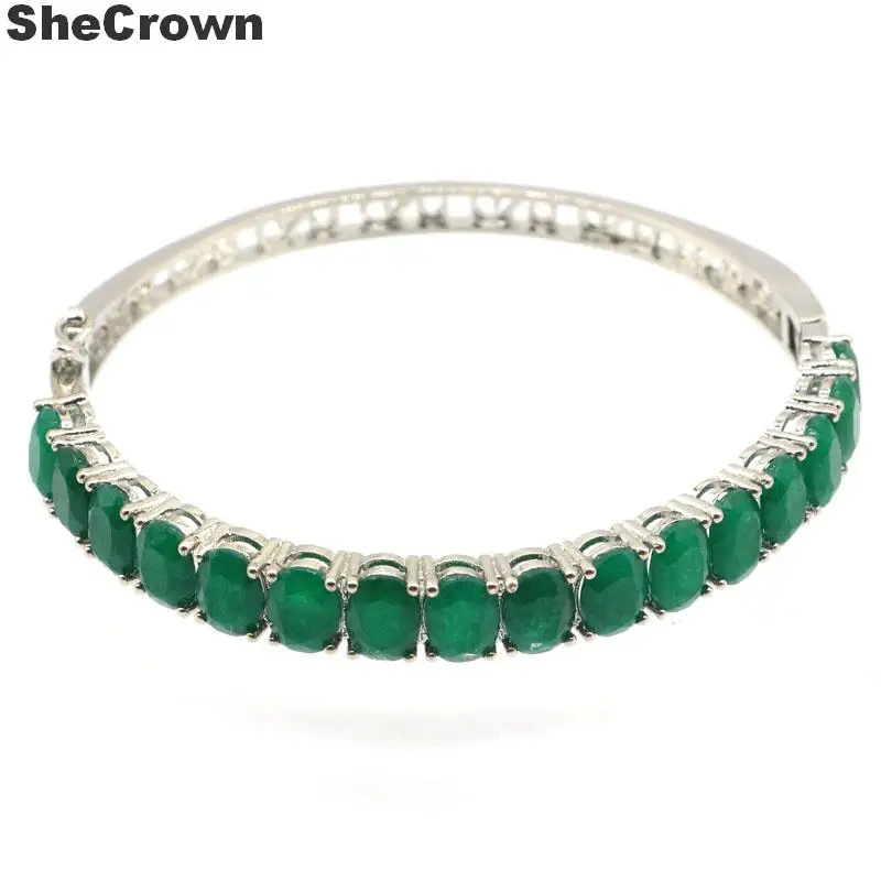 8x6mm SheCrown Highly Recommend Top Selling Real Green Emerald Red Ruby For Women Daily Wear Silver Bangle Bracelet 8.5inch