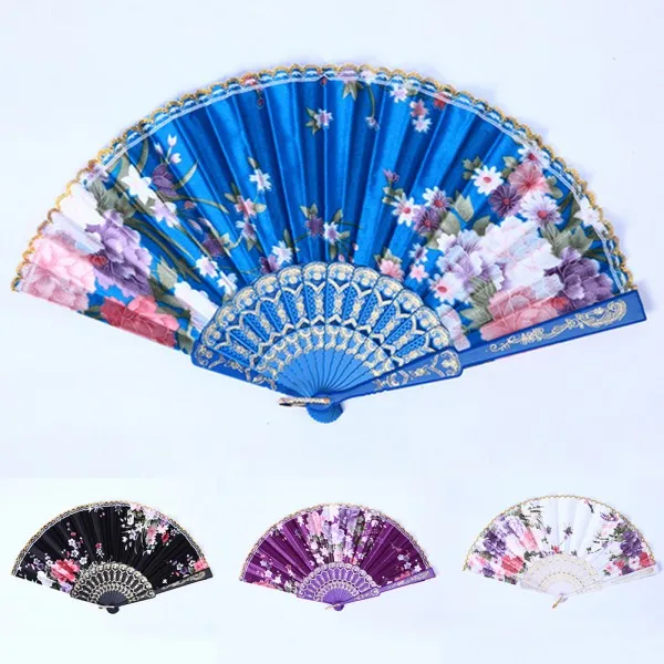 Vintage Silk Folding Fan Retro Chinese Plastic Floral Plum Blossom Dance Props Hand Fan Gift Craft Ornament Home Decoration