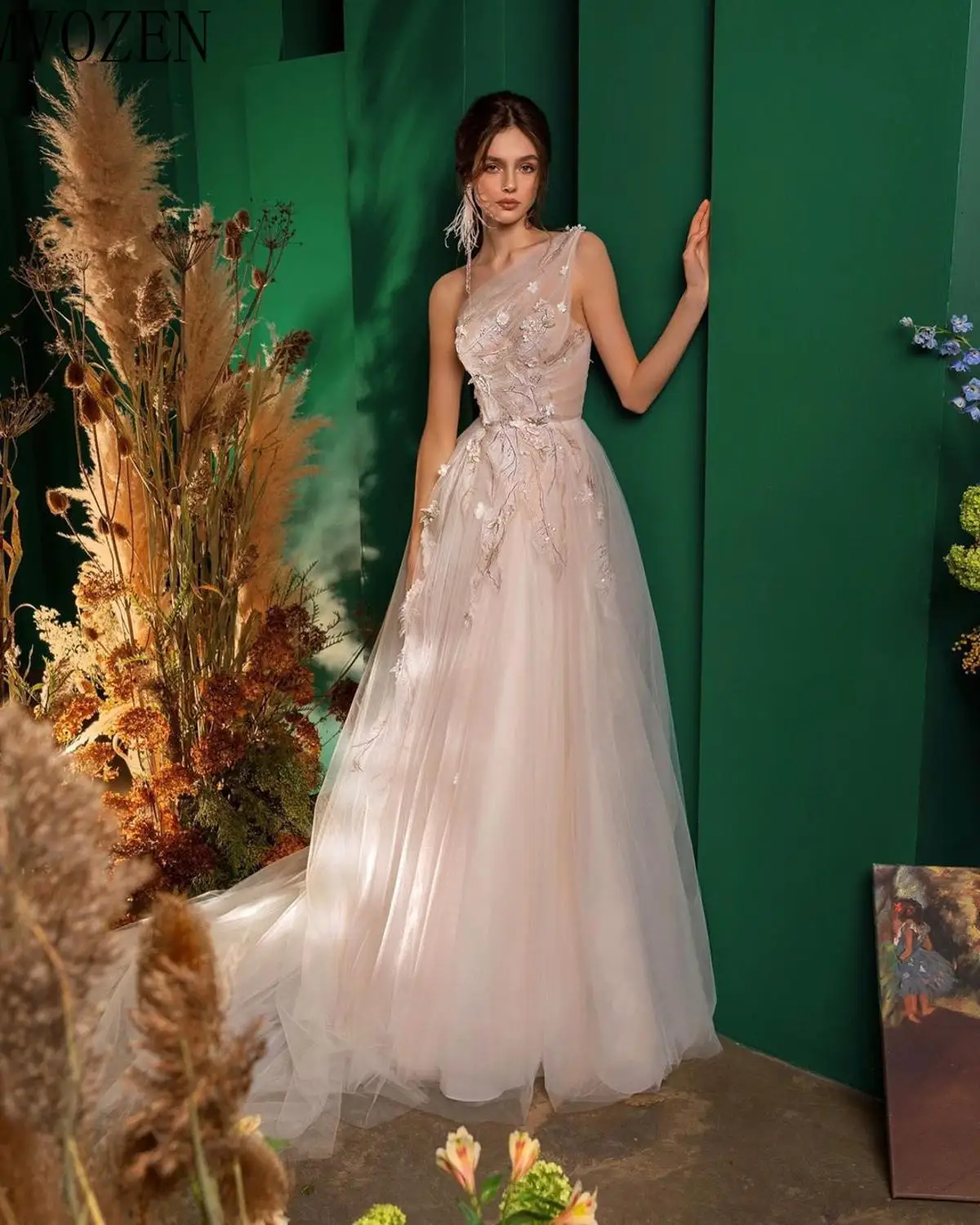 Mvozein Elegant Champagne Wedding Dresses Tulle A-Line Embroidery Pleat Court Train Wedding Dress Bridal Gowns robe de mariage