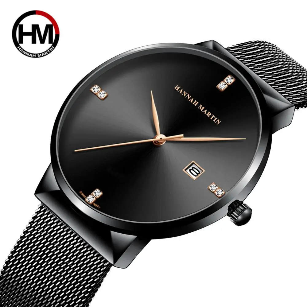 Hannah Martin Fashion Blue Black Gradient Men Watch Diamond Business Waterproof Calendar Wristwatch Japanese Movement Quartz