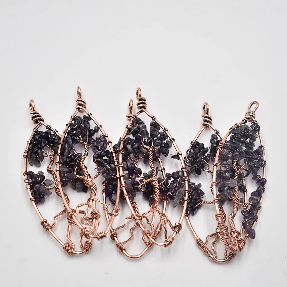 

Wholesale 6pcs/lot natural stone amethysts horse eye-shaped life tree ancient copper wire wrapped pendant for jewelry marking