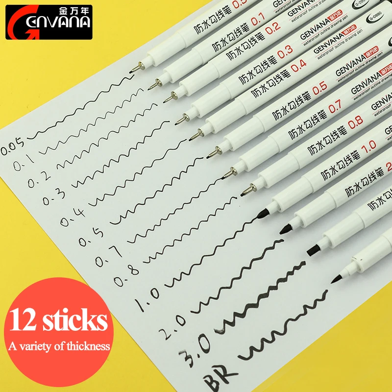 GENVANA G-0990T Waterproof Hook Line Pen 12pcs/set Fine Hand-painted Hook Line Pen Drawing Comic Manga Sketch Brush Pen Supplies