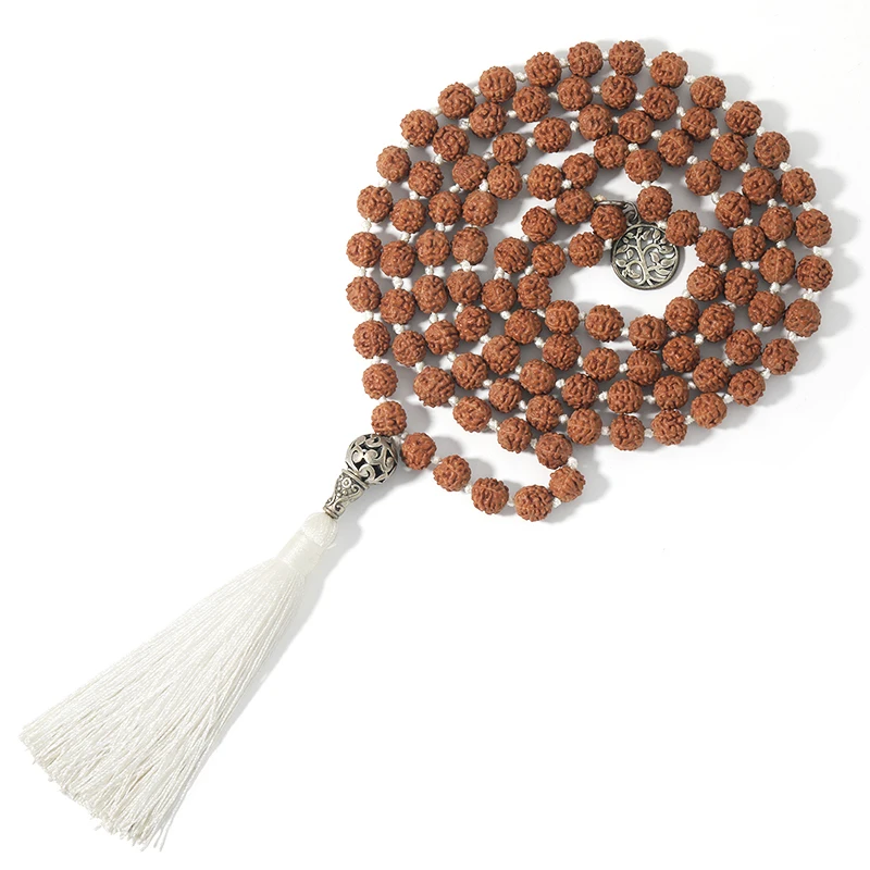 108 Mala Bodhi Seed Rudraksha Beaded Knotted Tree of Life Pendant Meditation Yoga Blessing Lucky Jewelry Long Tassel Necklace