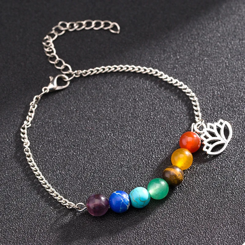 Classic Natural Stone Beads Bracelets Women Bohemian 7 Chakra Lotus Charms Silver Color Link Chain Bracelet Yoga Jewelry