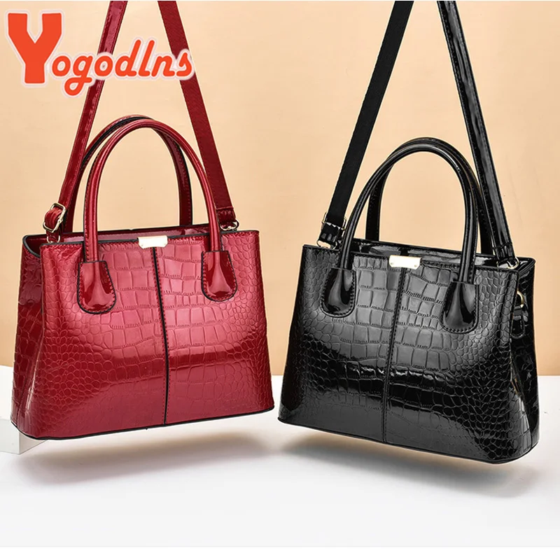 Yogodlns Luxury Bright Leather Handbag Female Alligator Crossbody Bag Large Capcaity Shoulder Bag Fashion Mommy Bag Totes