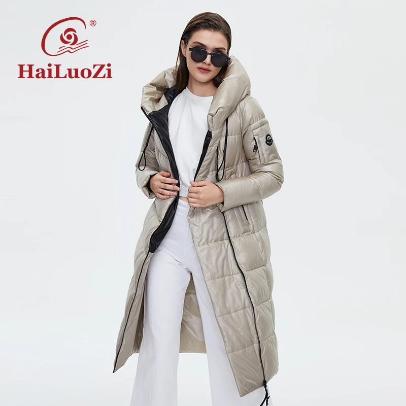 HaiLuoZi 2022 New Winter Women's Jackets Lengthened Style Thicken Parka Warm Hooded Side Zipper Ladies  Cotton Women Coat 6055