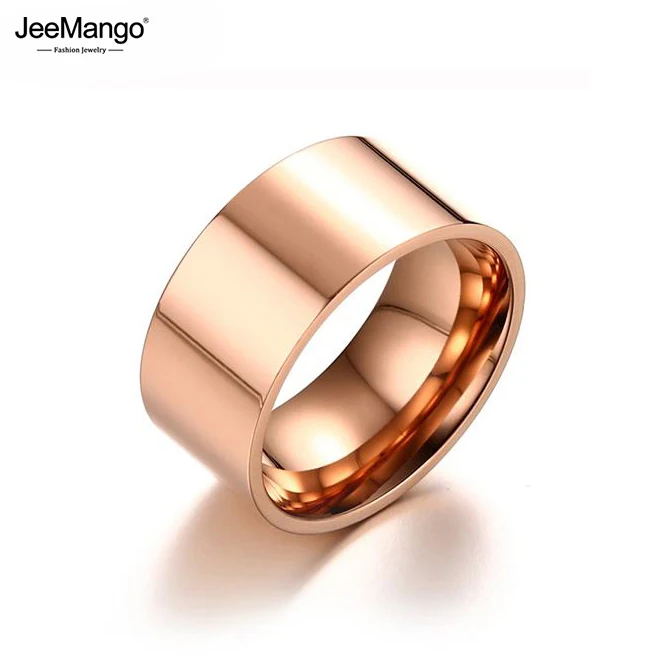 JeeMango Fashion 10mm Wide Glossy Ring For Men/Women Gold Color Stainless Steel Anniversary Party Ring Jewelry Anneau JR19159