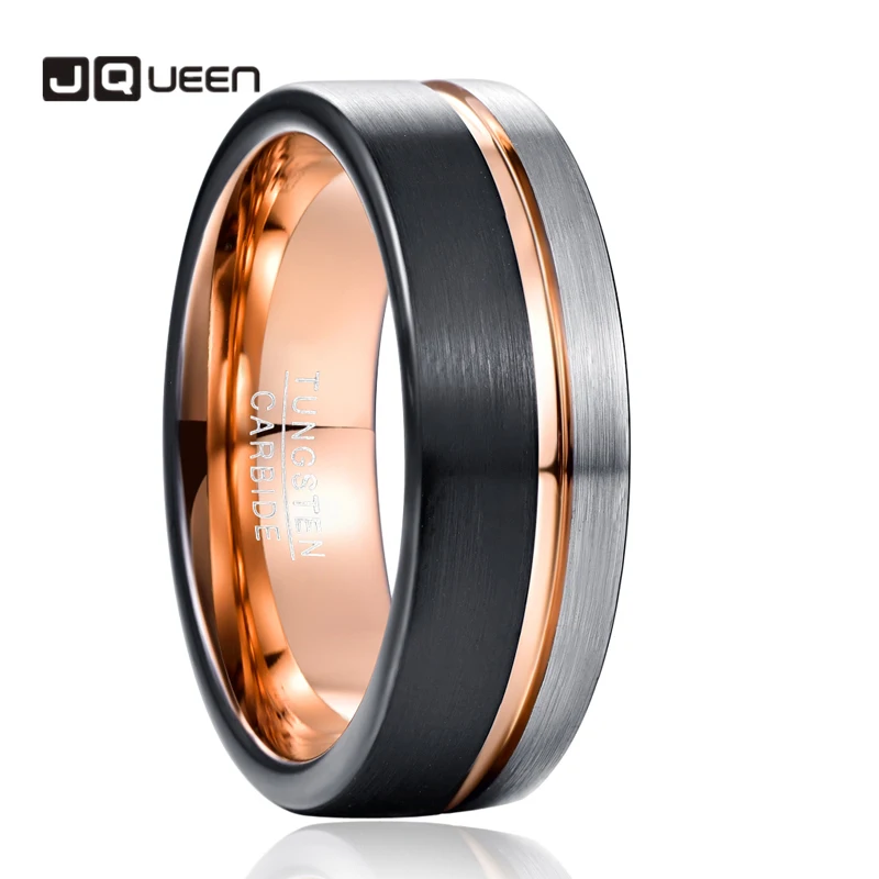 JQUEEN Rose Gold Color Groove Woman Men\'s Tungsten Carbide Ring Classic Wedding Brushed Black Male Jewelry Rings For Band