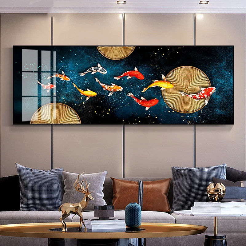 Big Size Wall Decorative Painting On Canvas Chinese Style Koi Poster Nine Fish Illustration Feng Shui Carp Lotus Pond Home Decor