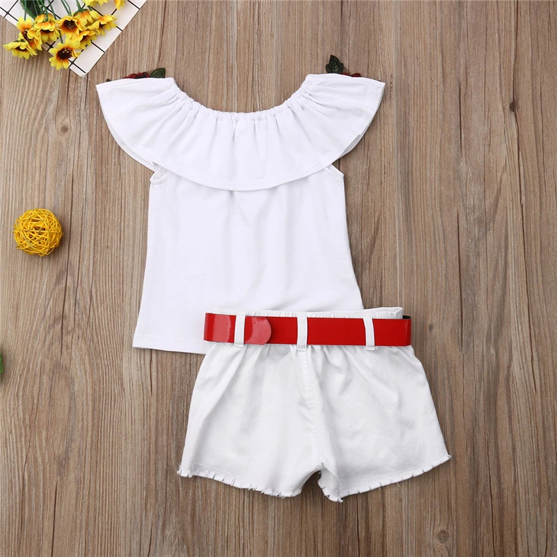 Kids Clothes Girls Rose Flower Off Shoulder Tops+Denim Shorts Baby Girl Summer Outfits Toddler  2PCS Clothes