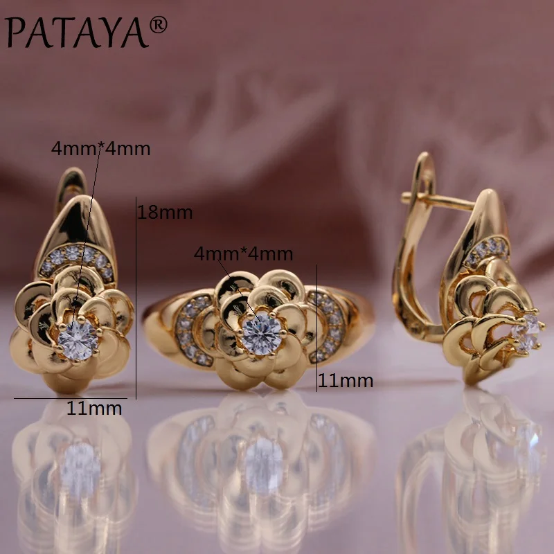 PATAYA New Metal Flower Earrings Ring Set 585 Rose Gold Color Wedding Creative Fashion Jewelry Natural Zircon Unusual Women Sets