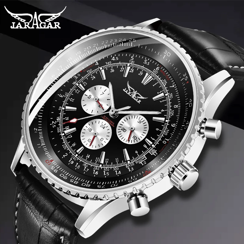 NEW JARAGAR Brand Luxury Men Mechanical Watches Men's Automatic 6 Hands Genuine Leather Strap Watches Black Auto Date Wristwatch