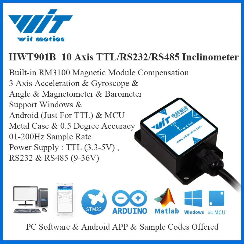 WitMotion HWT901B 10 Axis Sensor Angle Inclinometer + Accelerometer + Gyro + Magnetometer RM3100 + Barometer For PC/Android/MCU