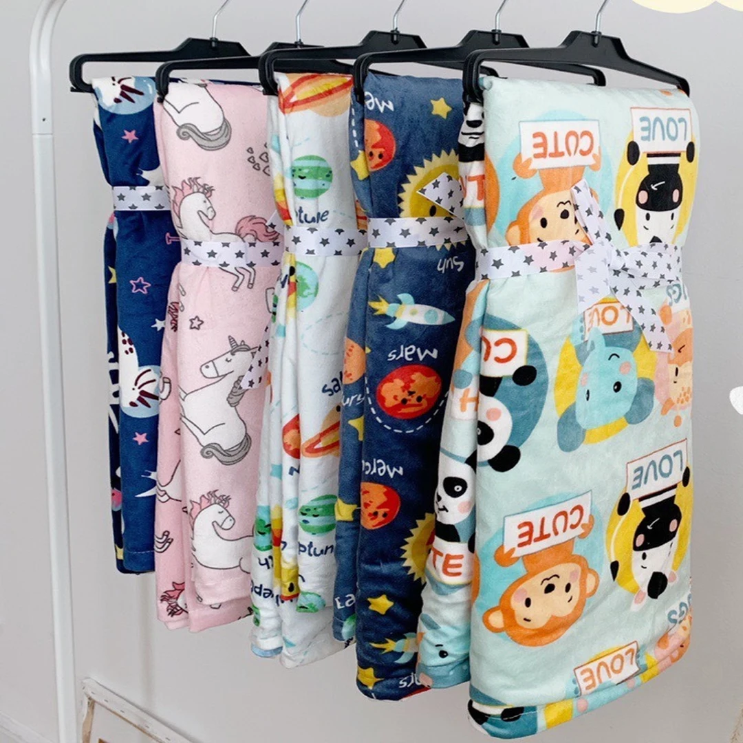 Cartoon Baby Blanket Super Soft Quilt With Double Layer Dotted Backing Cute Animals Printed Unisex Received Blanket Bedding Set