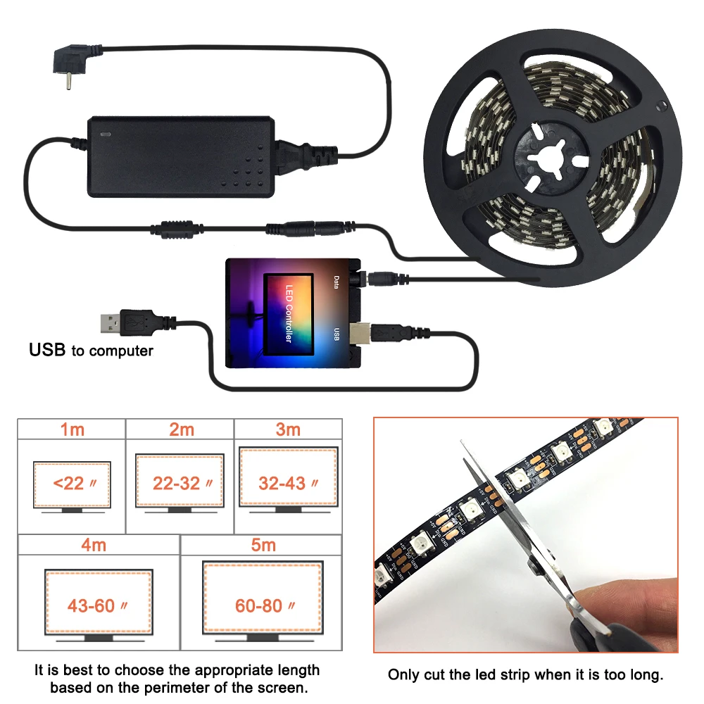 Ambient PC WS2812B 5050 RGB Smart Led Pixel Strip Laptop Computer Dream Screen Synchronize 1M 2M 3M 4M 5M Kit