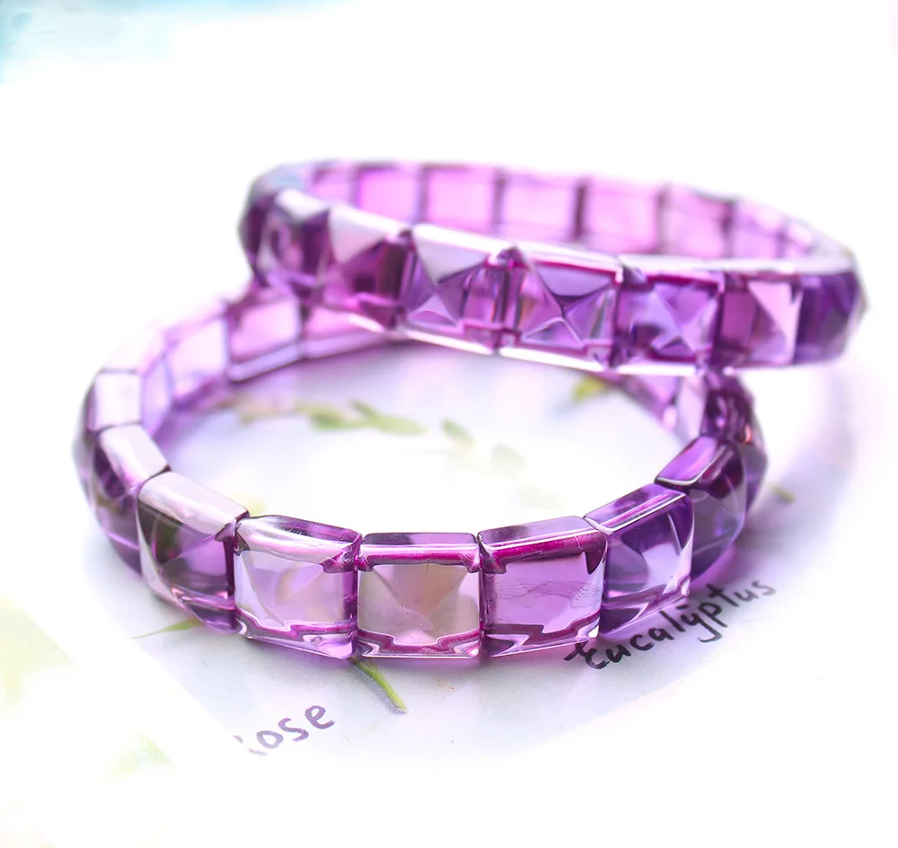 Natural Lavender Amethyst Quartz  Bracelet 9x9mm Amethyst Clear Rectangle Cut Beads Women Men Stretch Purple Amethyst AAAAA