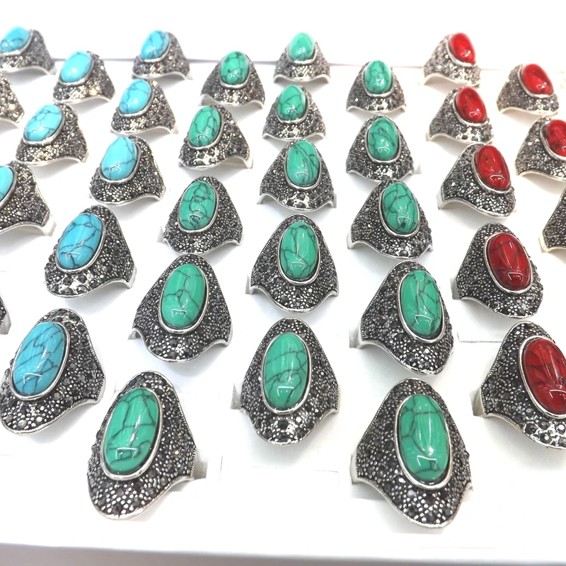 

Antique Style Hematite Crystal Paved Oval Turquoises Rings Mixed Color 50pcs/Lot