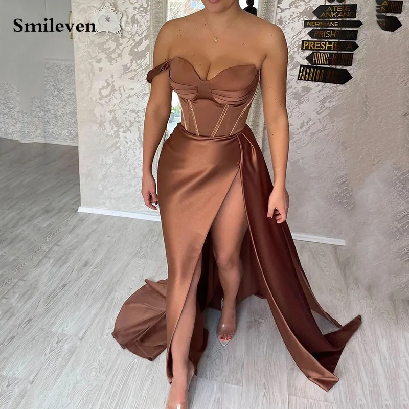 

Smileven Chocolate Sweetheart Formal Evening Gowns Sexy Corset Prom Dresses 2022 Sexy Side Split Satin Evening Party Dress