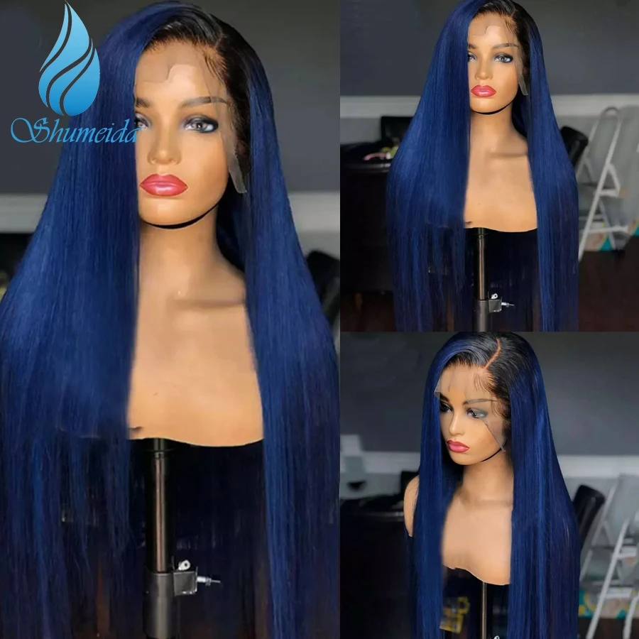 Shumeida Ombre Blue Color 13x6  Lace Front Human Hair Wigs for Women Brazilian Remy Hair Glueless 4x4 Closure Lace Wig Baby Hair