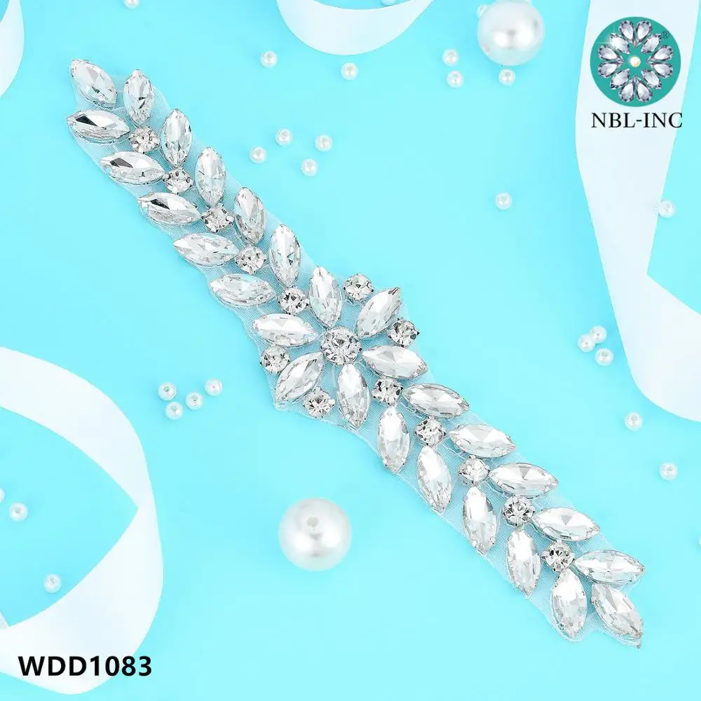 

（1PC）Bridal Silver crystal rhinestone pearl applique belt wedding sash accessories WDD1083