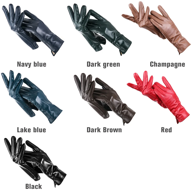 Guantes de cuero a rayas para mujer, manoplas de piel de oveja de color, a la moda, invierno, 2224