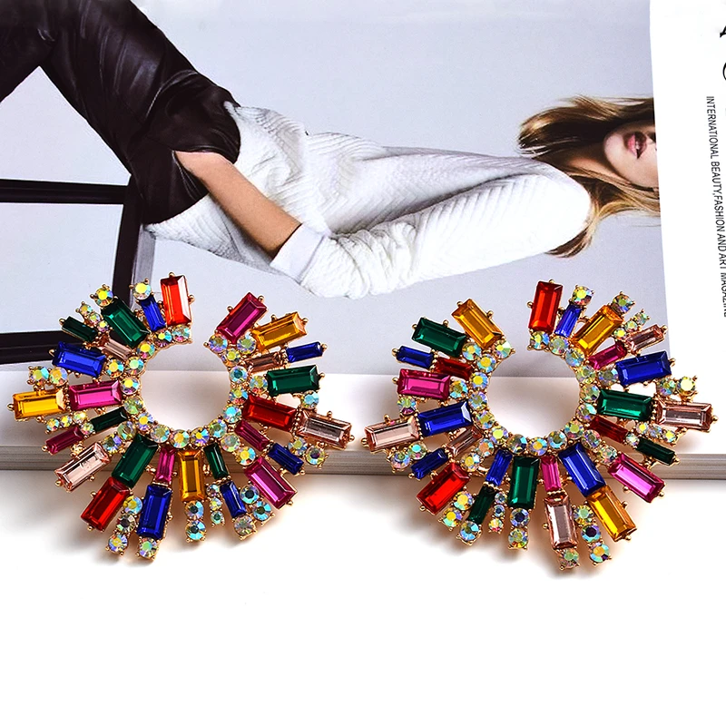 New Design Irregular Metal Colorful Crystal Earrings High-Quality Fashion Rhinestones Jewelry Accessories For Women