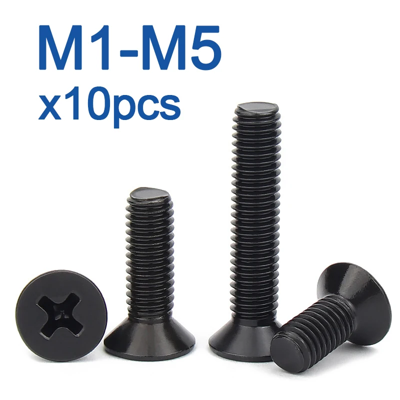 

10pcs/lot M1 M1.2 M1.4 M1.6 M1.7 M2 M2.5 M3 M3.5 M4 M5 KM Mini Small Black Steel KM Phillips Flat Countersunk Head Screw Bolt