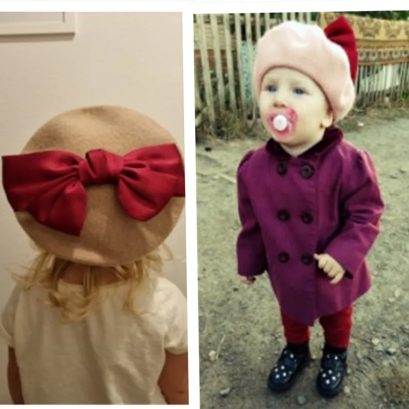 Autumn Winter Kids Fashion Wool Red Big Bowknot Beret For Girls Children Beanie Painter Cap Baby Hats Bonnet