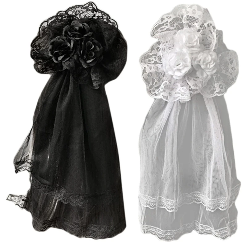 Gothic Headdress Lace Veil Headwear Rose Side Clip Barrette Halloween Cosplay Accessories Party Headpiece S24 21