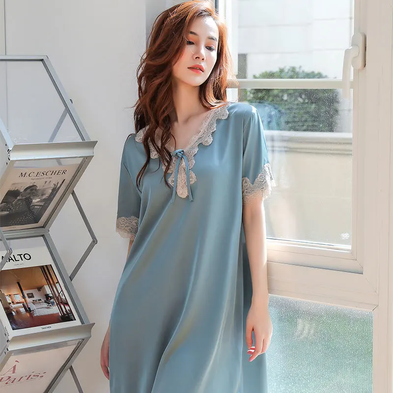 Green V-neck Sleep Dress Women Lace Trim Nightgown Summer Satin Sleepwear Short Sleeve Nightdress Female Loose Home Dress