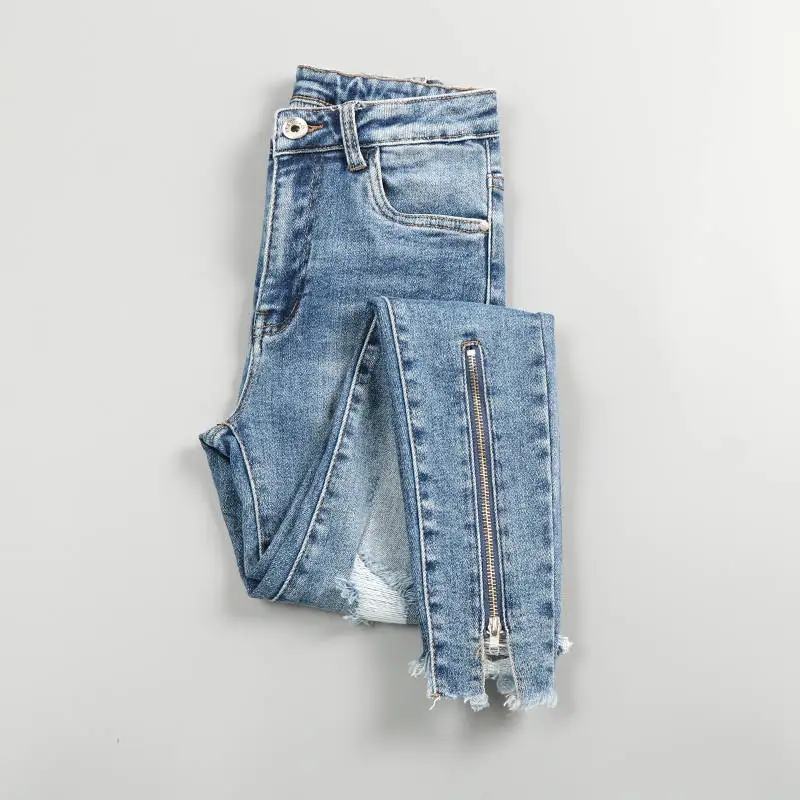 Vintage Slim Zipper Hole Ripped Jeans For Women Spring Summer Streetwear Casual Sexy High-Waist Jeans Denim Pencil Pants C8005