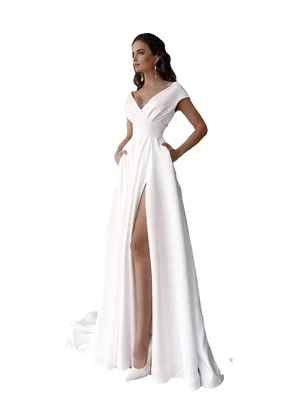 Vestido de noiva barato com decote em v, vestidos elegantes para mulheres, manga curta, fenda lateral, linha, vestido de noiva com bolsos, feito sob encomenda