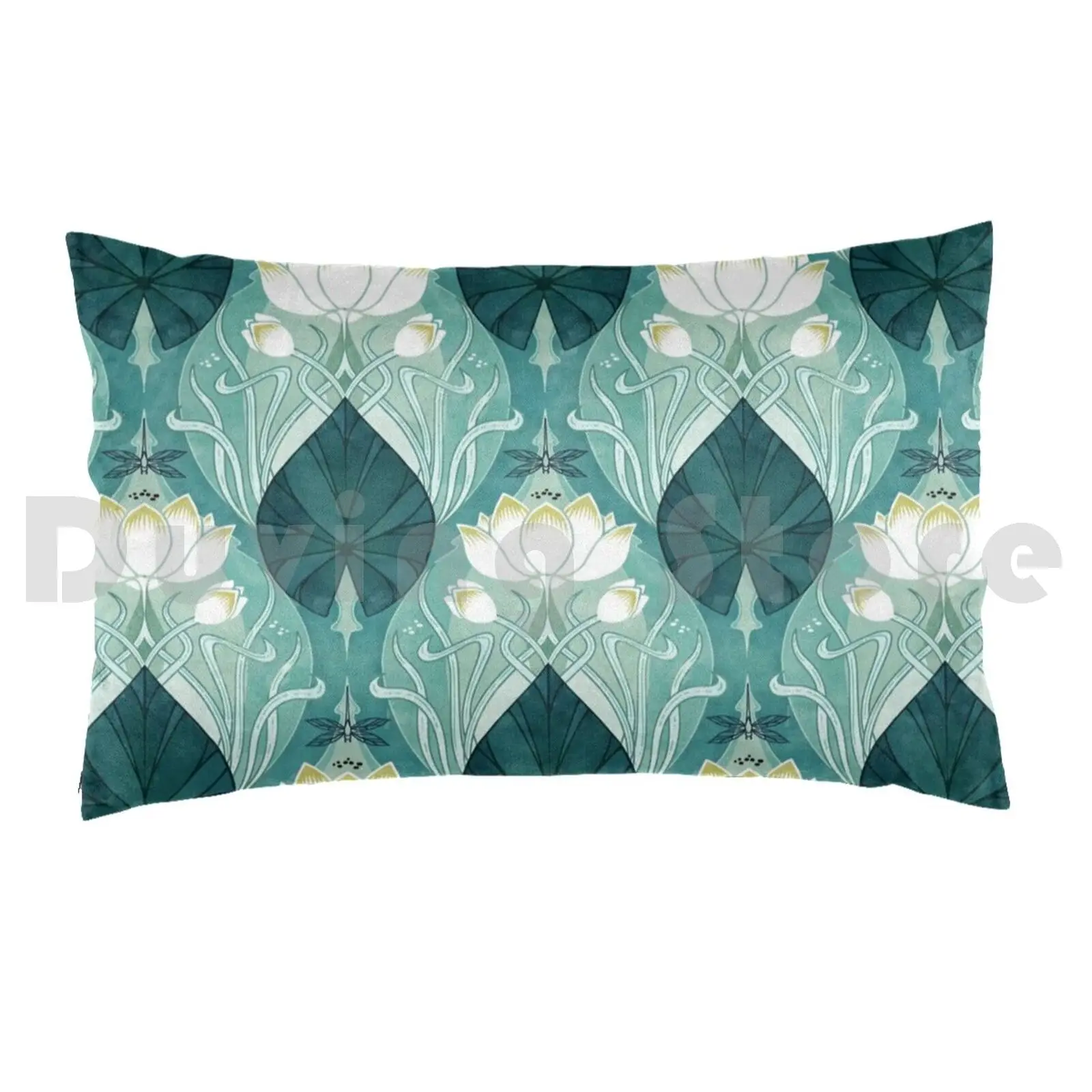 Nouveu Waterlily Pillow Case Printed 50x75 Adenaj Art Nouveau Waterlily Lily Lily Flower Floral Green Yellow