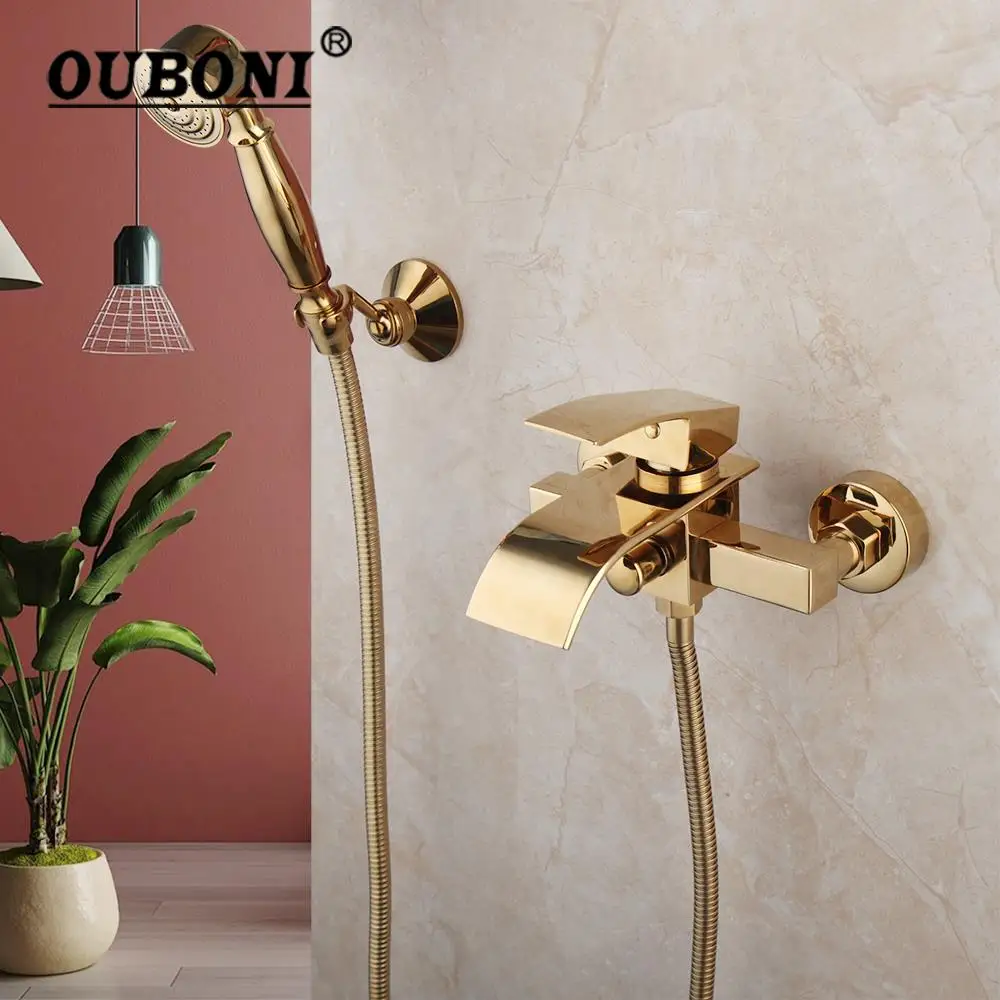 

OUBONI Golden Plated Bathroom Bathtub Mixer Shower Waterfall Wall Mounted Soild Brass Faucet Handle Spray Black Mixer Tap Faucet