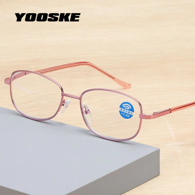 YOOSKE Anti Blue Light Blocking Reading Glasses Women Alloy Eyeglasses Presbyopia Prescription Lens +1.0 1.5 2.0 2.5 3.0 3.5 4.0