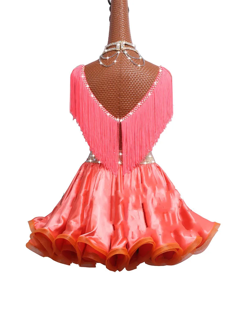 Latin Dance Competition Dress Performing Dress Princess Skirt, Fish Bone Curling Skirt, Orange Pink tassels #LD121