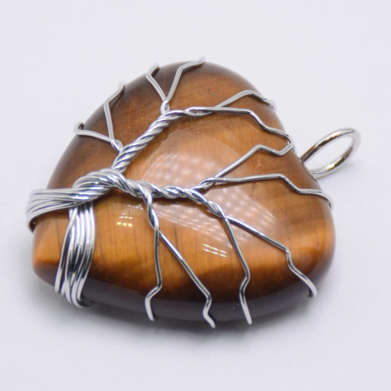 Tree of Life Wire Wrapped Love Heart Pendant Women Girl Suspension Natural Gem Stone Tiger Eye Pink Quartz Black Onyx Necklace