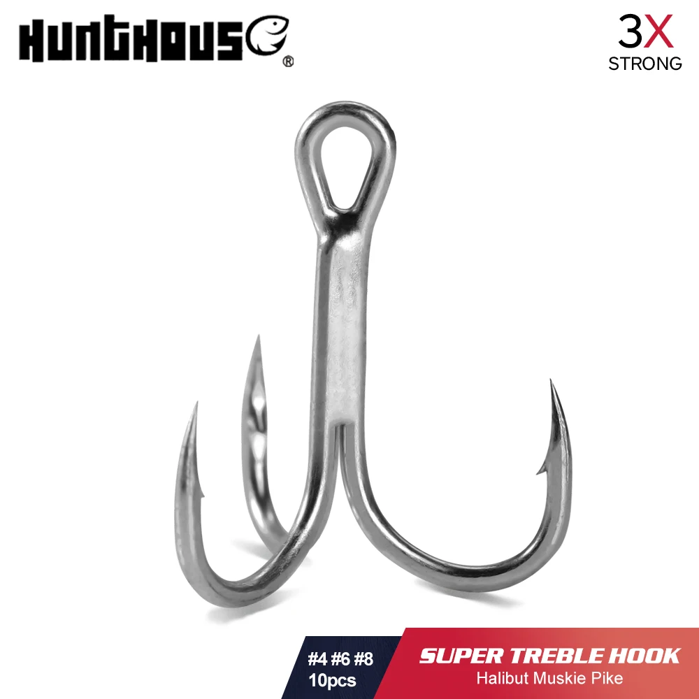 Hunthouse fishing treble hook 3X Strong 10pcs/lot High Steel Carbon Saltwater 4# 6# 8# for hard lure Tackle Tool Accessories