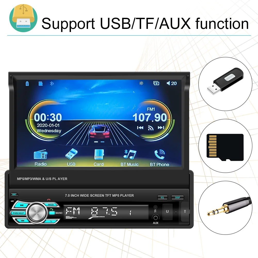 LeeKooLuu 1Din Radio samochodowe wbudowany Carplay Android automatycznie chowana wyświetlacz 1 Din Autoradio pojedynczy Din Stereo sterowanie