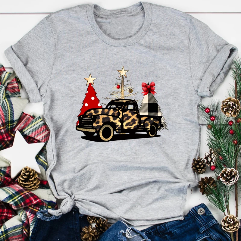 Women Winter Xmas Holiday Gift Top Tshirt Colored Leopard Christmas Truck And Buffalo Plaid Trees T-shirt Retro