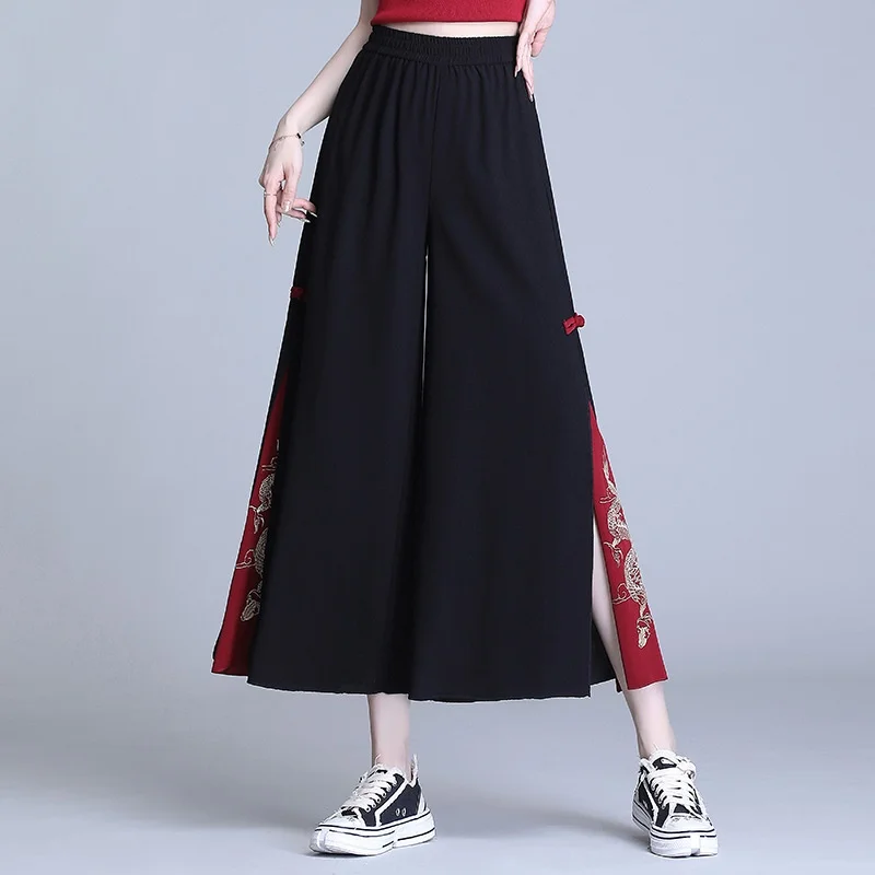 Women'S Pants Chinese Style Harajuku Hippie Ethnic Loose Black Embroidery Aesthetic Baggy Wide Leg Pants Kimonos Trousers Women