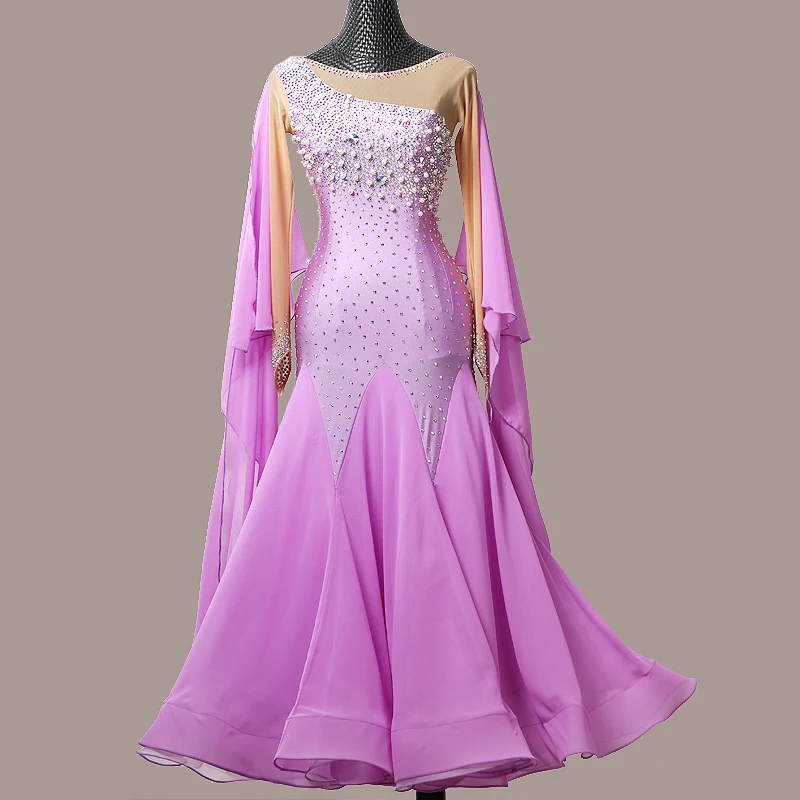 

2021 New Women Modern Dance Rhinestone Purple Dress Ballroom National Standard Waltz Dancing Competition Dance Dress