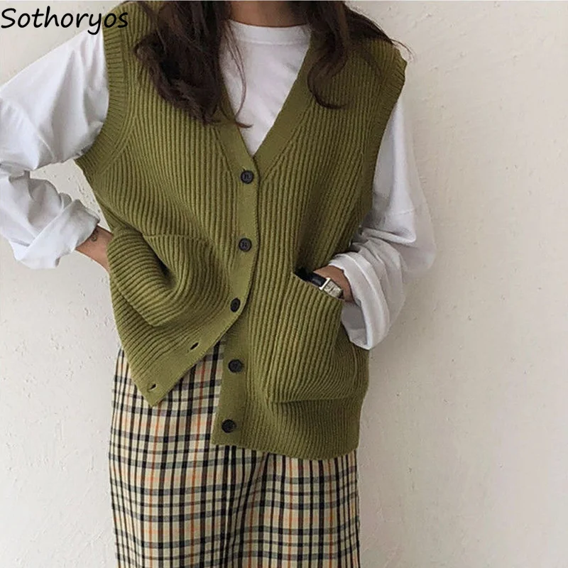 Women Solid Sweater Vests V-neck Single Breasted Stylish Loose Casual Japan Style Harajuku All-match Temperament Jumpers Vintage