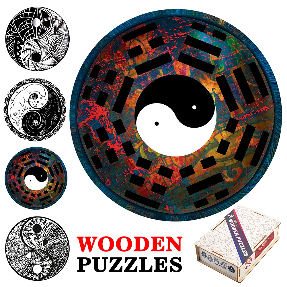 Yin Yang Taich Unique Wooden Puzzle DIY Crafts KungFu Shape Jigsaw Puzzles For Adults Kids Educational Round Puzzle Gifts Toys