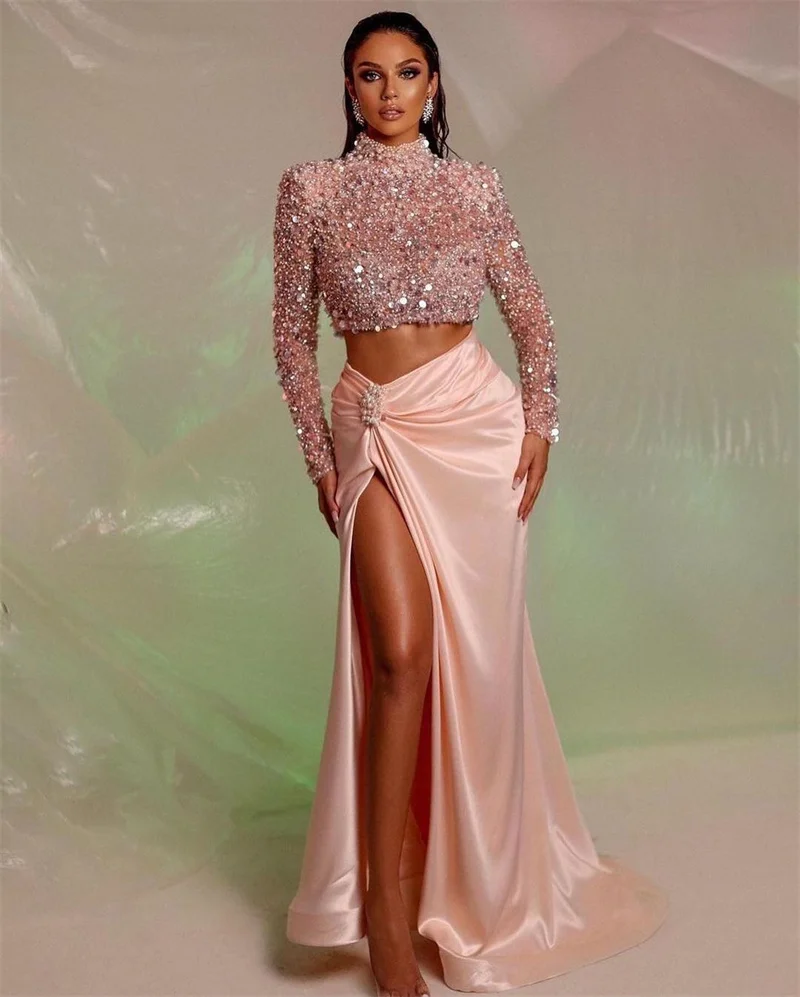 2 Pieces Pink Pearls Evening Dress Sequins High Neck Party Dresses Side Split Long Sleeves Celebrity Custom Made Prom Gowns