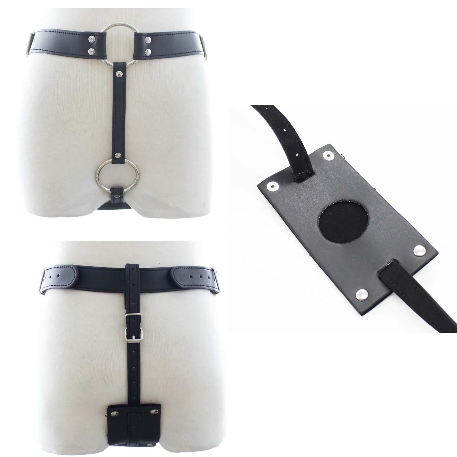 Male Faux Leather Strap Butt Plug Panel G-String with Penis Ring and Adjustable Buckle Erotic Underwear for Male