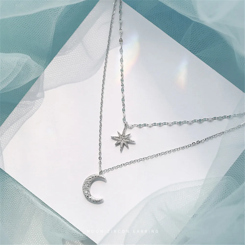 2022 Trend Double Layer Star Moon Pendant Necklace For Women Girl Clavicle Chain Eight-pointed Star Necklace Simple Jewelry Gift