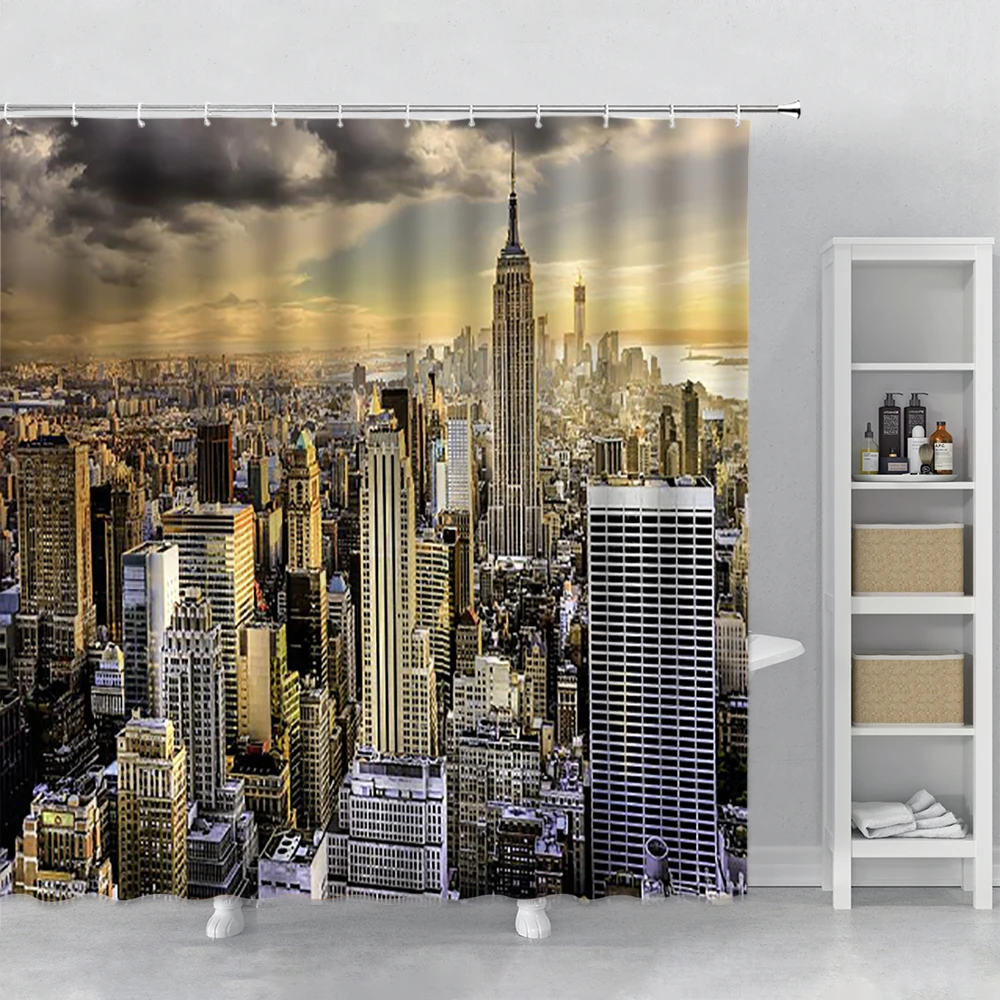 Night City Light Landscape Shower Curtain Starry Sky Architecture Scenery Home Wall Hanging Cloth Bathroom Waterproof Curtains