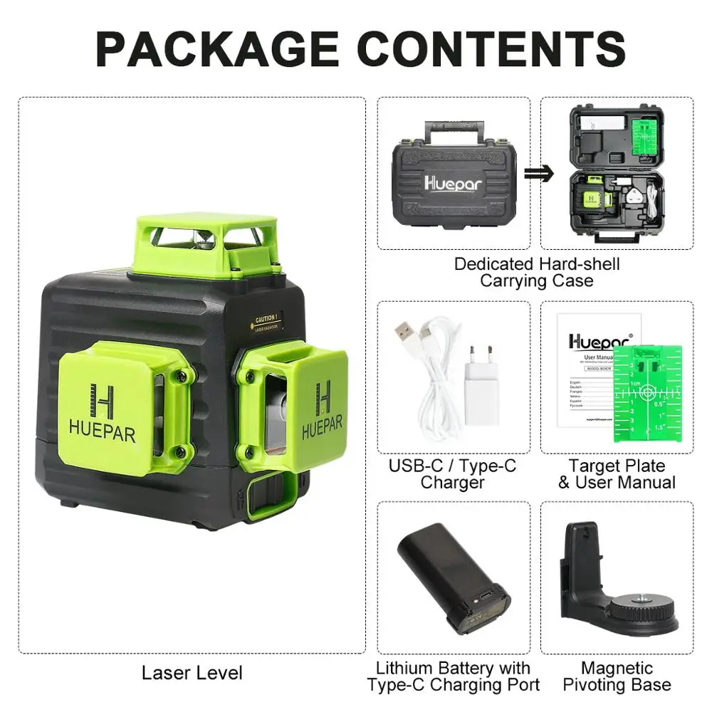 Imagem -06 - Cruz Linha Auto-nivelamento Nível Laser 12 Linhas Green Beam Li-ion Battery Tipo-c Porta de Carregamento Hard Carry Case Huepar3d